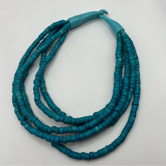 Vintage Monies Horn Clasp Multistrand Hand Dyed Turquoise Wood Bead Necklace - Picture 11 of 11